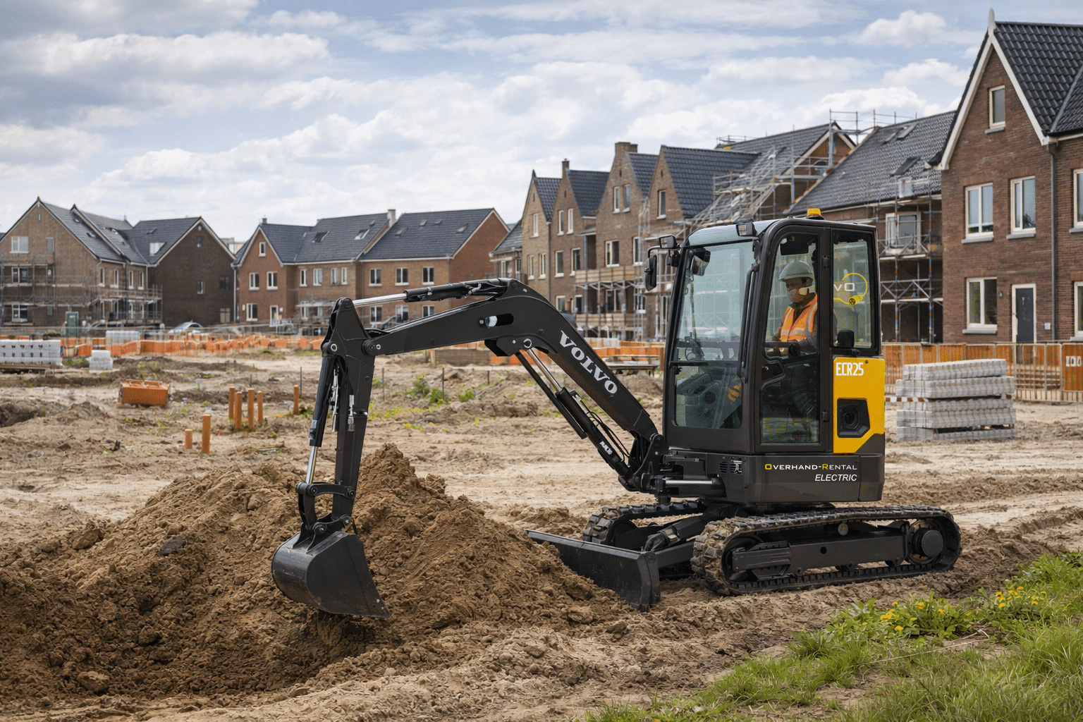 Overhand Rental graafmachine op bouwplaats